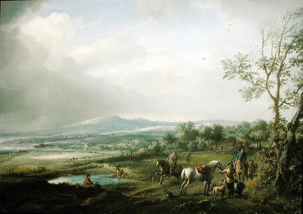 En Hawking Party i ett vidsträckt landskap av Philips Wouwerman