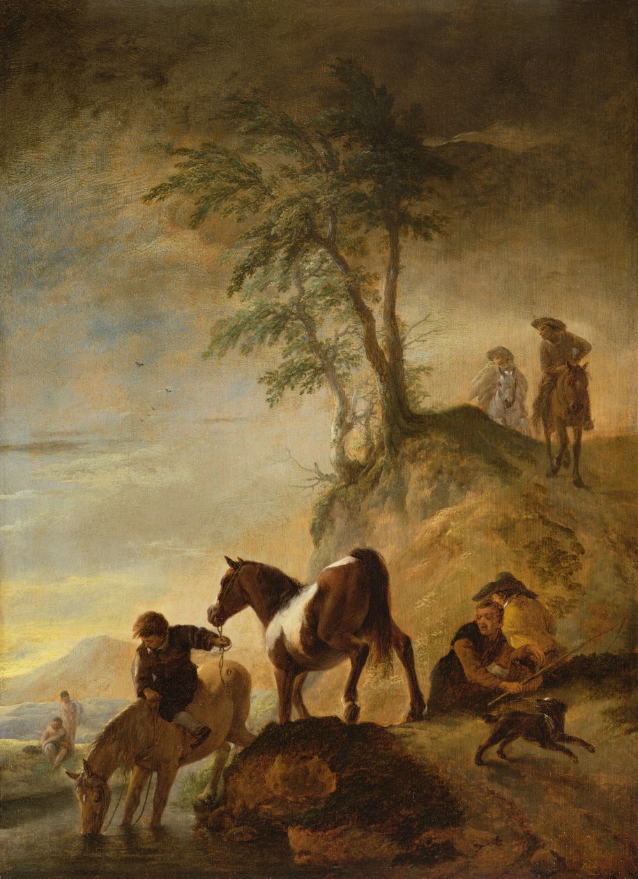Ryttare som vattnar sina hästar (panel) av Philips Wouwerman