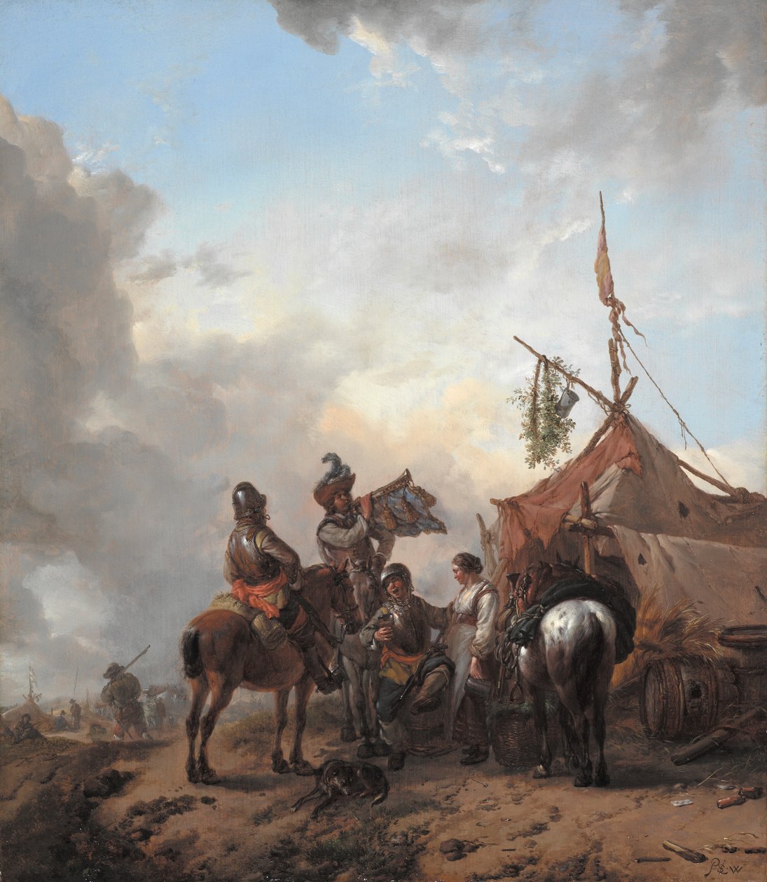Soldater karuserande med en tjänstgörande kvinna utanför ett tält, ca 1655 (olja på ekpanel) av Philips Wouwerman
