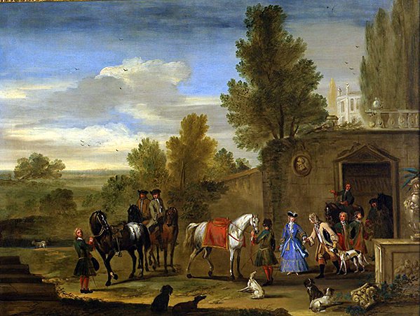 Ridgrupp utanför väggarna på ett slott (olja på duk) av Philips (attr.) Wouwermans or Wouvermans
