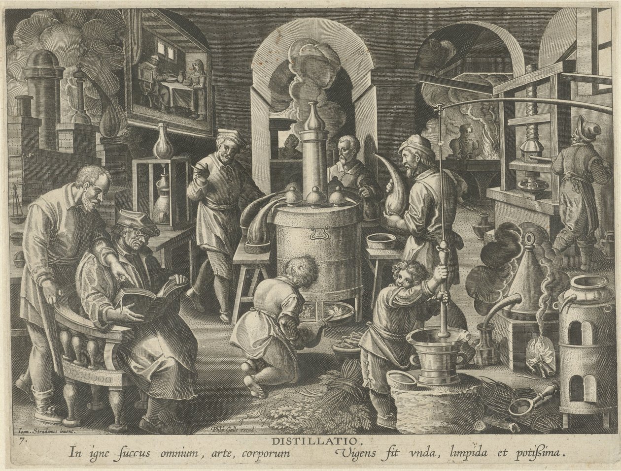 Destillering Destillation (titel på objekt) Nya uppfinningar och upptäckter (serietitel) Nova Reperta (serietitel) av Philips Galle (attributed to workshop of)