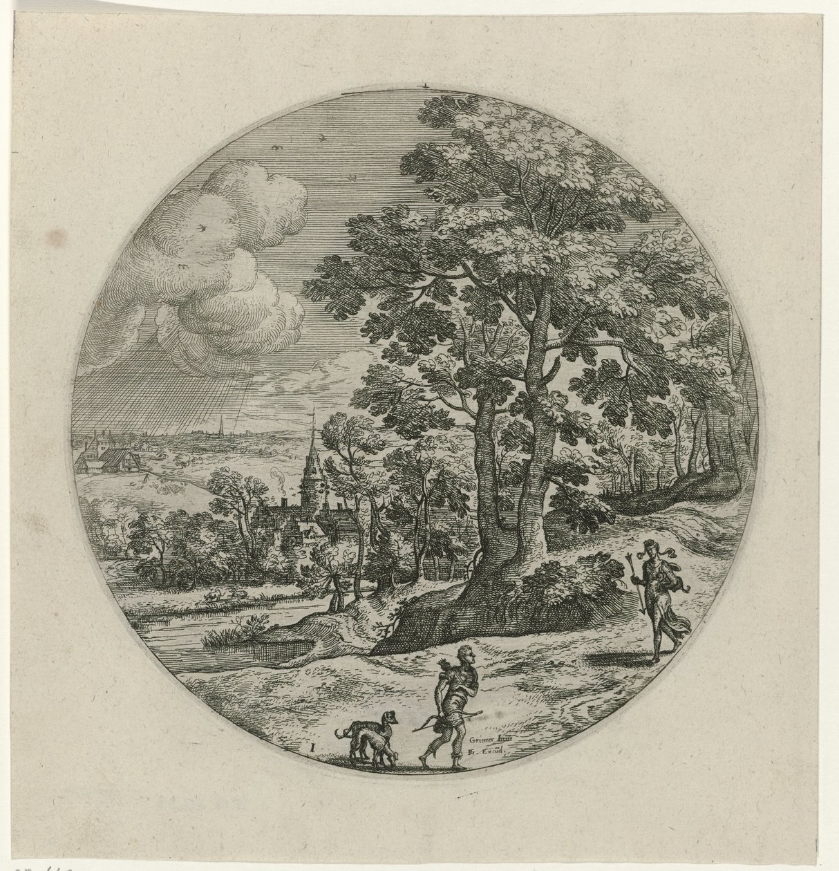 Procris schenkt Cephalus en magisk pil Cephalus en Procris (serietitel) av Philips Galle (attributed to workshop of)