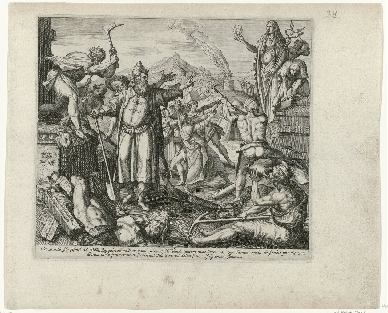 Vernietiging van de afgodsbeelden van Baal Boetedoening en berouw in het Oude Testament en het Nieuwe Testament (serietitel) En typ av gudomlig överseende och barmhärtighet mot dem vars överträdelser han ångrar sig av hela sitt hjärta och vänder sig till G av Philips Galle (attributed to workshop of)