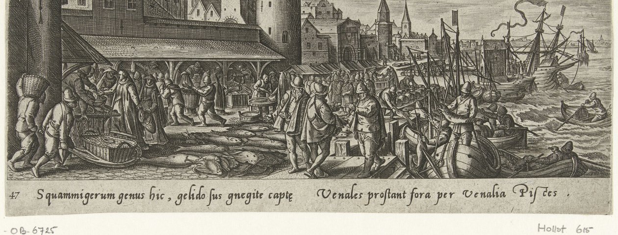Vismarkt Jacht en visvangst (serietitel) Jakt, fiske och jakttyper (serietitel) av Philips Galle (attributed to workshop of)