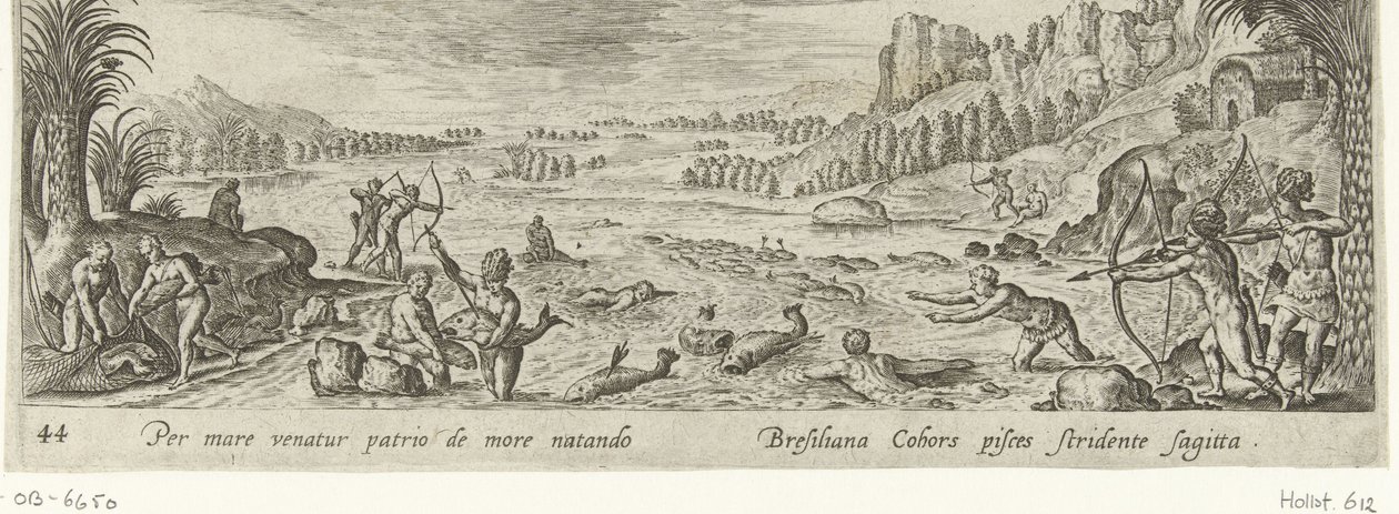 Fiske bland indianer Jakt och fiske (serietitel) Venationes, Piscationes et Aucupii Typi (serietitel) av Philips Galle (attributed to workshop of)