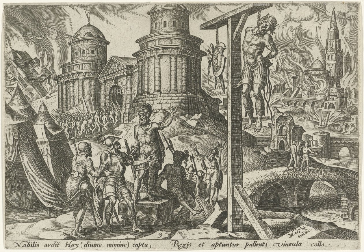Kungen av Ai hängs The Days of Doom of the Jewish People (serietitel) av Philips Galle