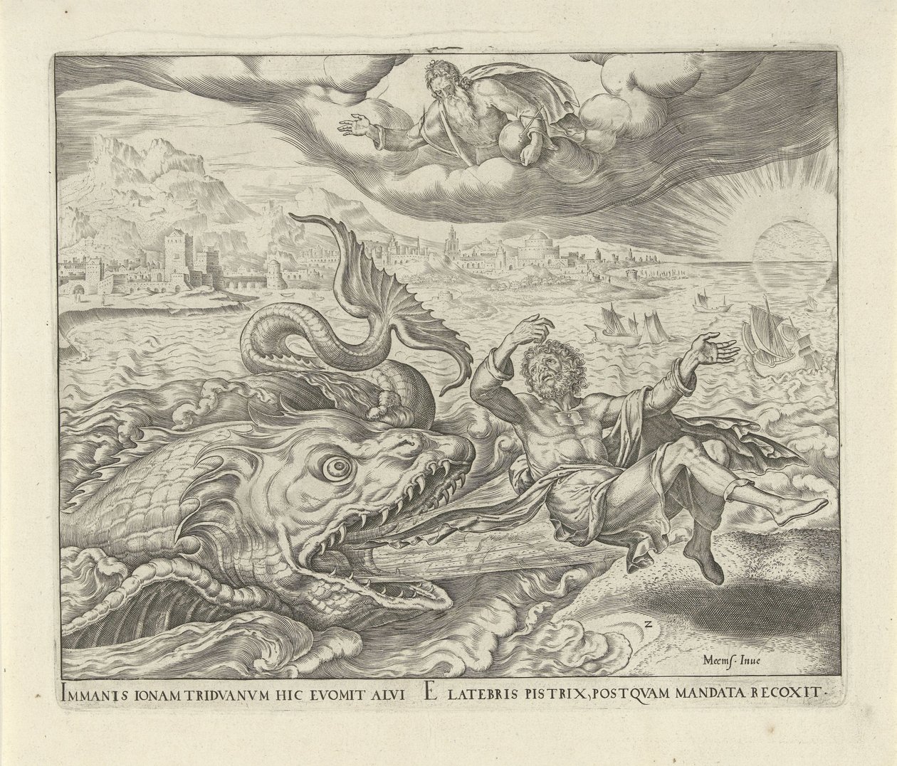 Fisken spottade Jona ute på landet History of Jonah (serietitel) av Philips Galle
