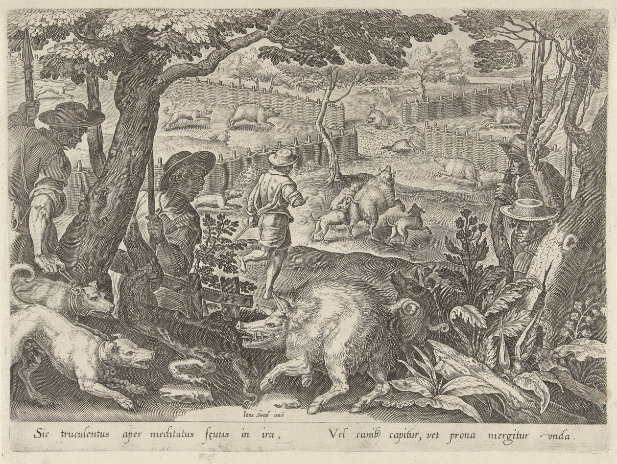 Drijfjacht op zwijnen Jachttaferelen (serietitel) Där alla typer av jakt, fågelfågel och fiske (serietitel) av Philips Galle