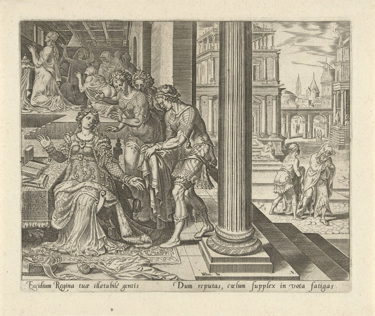 Ester får höra av sina pigor att Mordokai bär sorgekläder History of Esther (serietitel) av Philips Galle