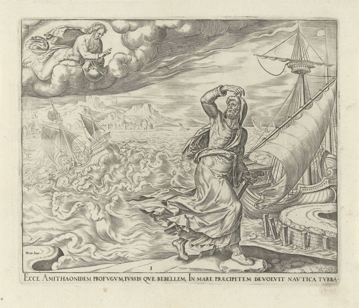 Gud befaller Jona att gå till Nineve History of Jonah (serietitel) av Philips Galle
