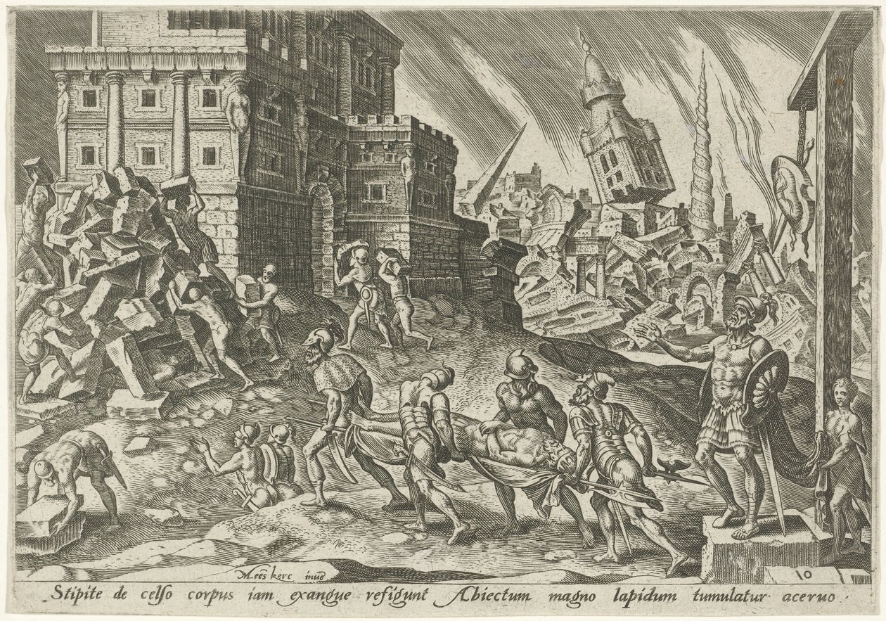 Kroppen av kungen av Ai förs till stadsporten The Days of Doom of the Jewish People (serietitel) av Philips Galle