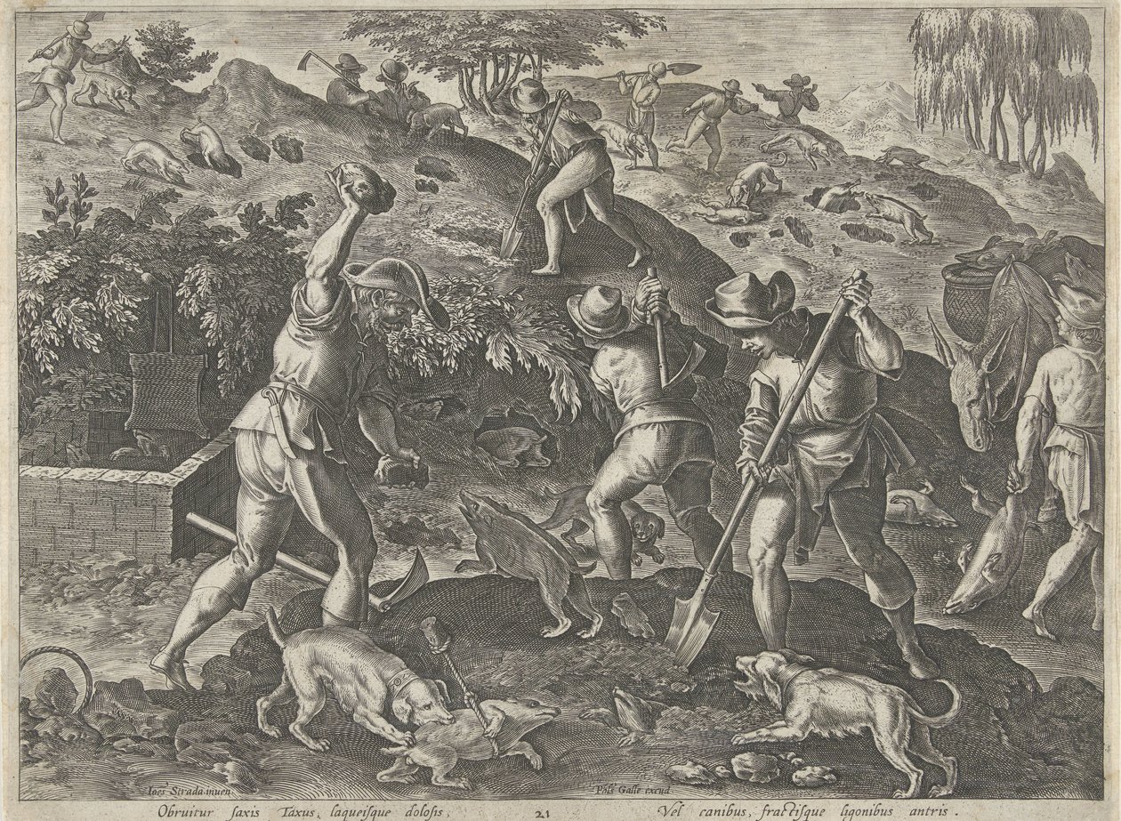 Jacht op dassen Jachttaferelen (serietitel) Där alla typer av jakt, fågelfågel och fiske (serietitel) av Philips Galle