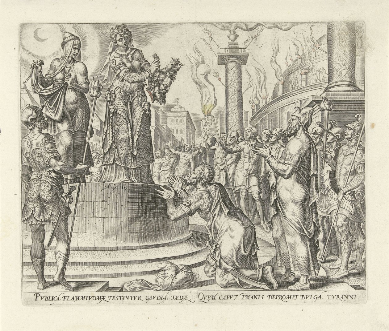 Judith visar huvudet av Holofernes för folket Judits och Holofernes historia (serietitel) av Philips Galle