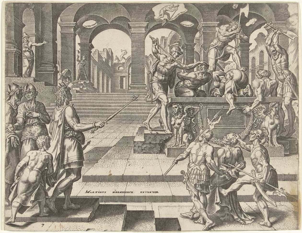 Kung Josia beordrar dödandet av prästerna i templen i Samaria Kung Josias historia (serietitel) av Philips Galle