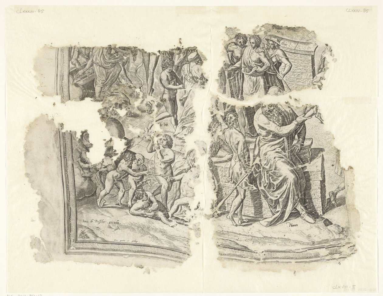 Nedre vänstra hörnet av ett tryck av scenen av Cebes Tabula Cebetis Carta Vitae (originaltitel) av Philips Galle