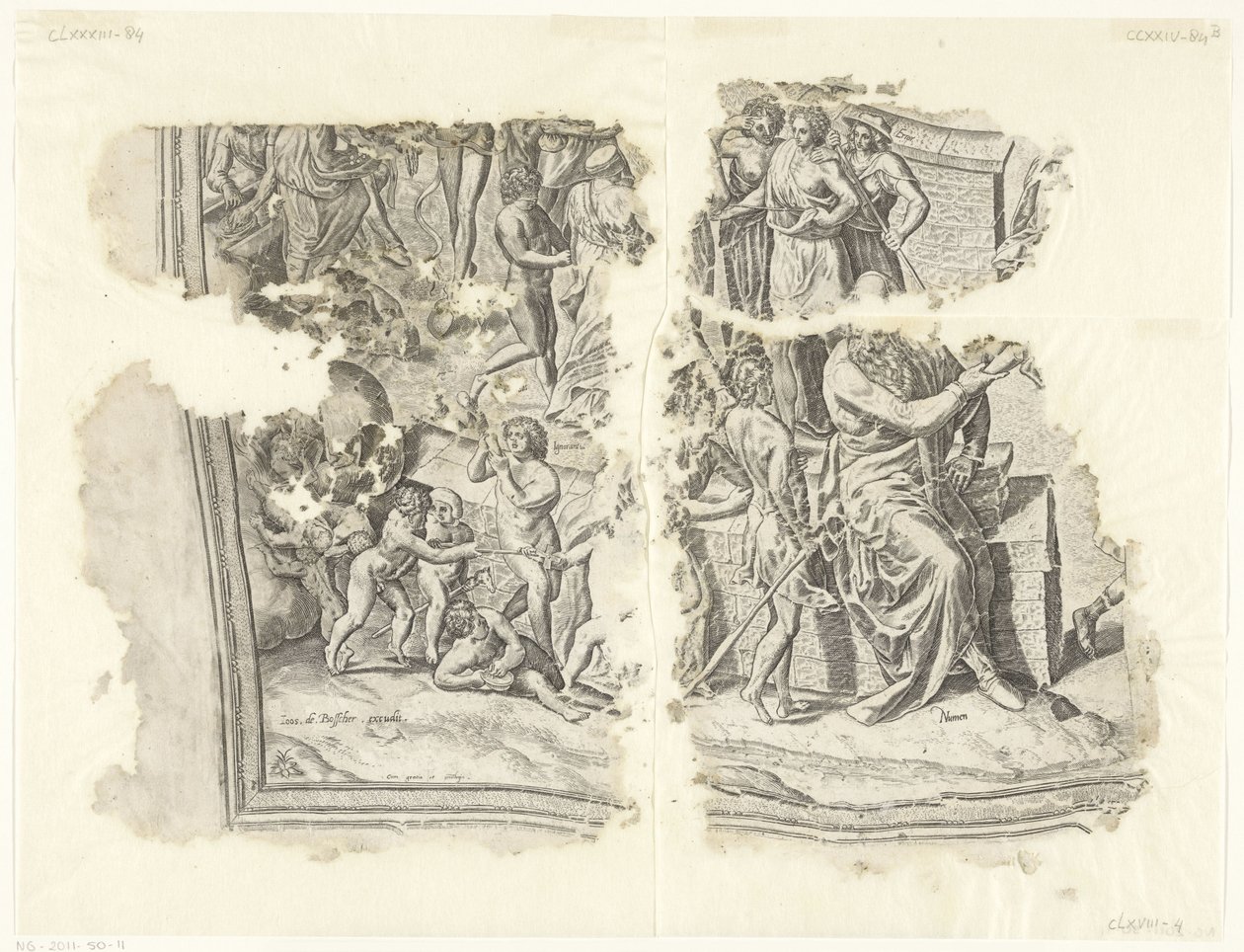 Nedre vänstra hörnet av ett tryck av scenen av Cebes Tabula Cebetis Carta Vitae (originaltitel) av Philips Galle