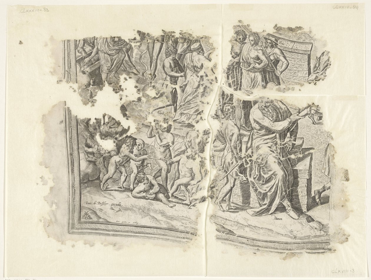 Nedre vänstra hörnet av ett tryck av scenen av Cebes Tabula Cebetis Carta Vitae (originaltitel) av Philips Galle