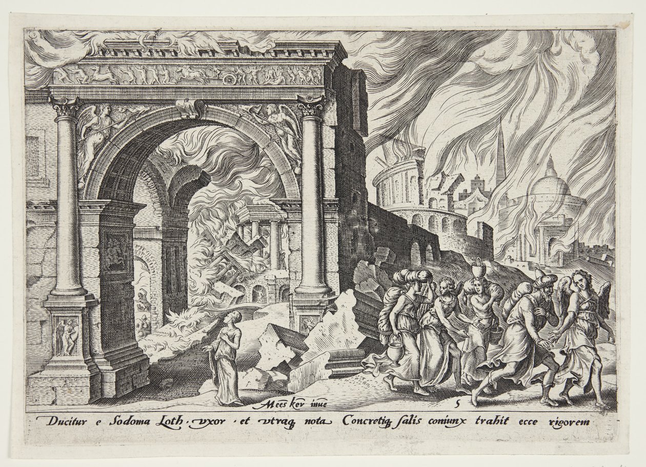 Lot och hans familj lämnar det brinnande Sodom av Philips Galle