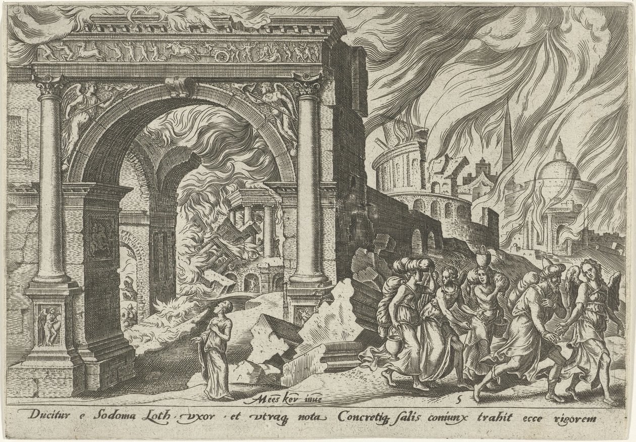 Loth och hans familj lämnar staden Sodom The Days of Doom of the Jewish People (serietitel) av Philips Galle