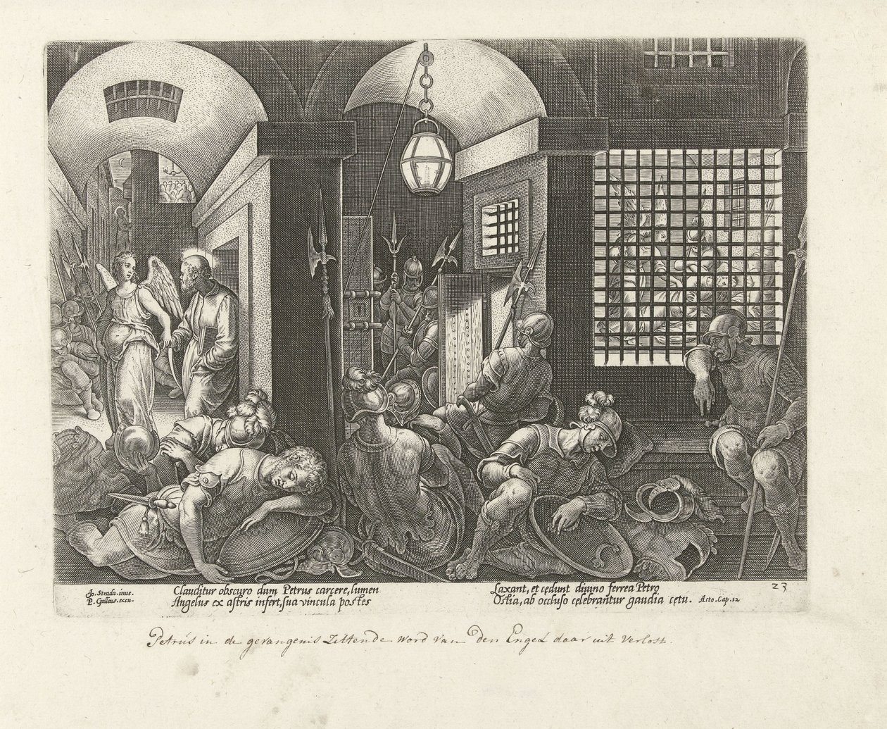Petrus släpps ur fängelset av ängeln Apostlarnas handlingar (serietitel) Acta Apostolorum (serietitel) av Philips Galle