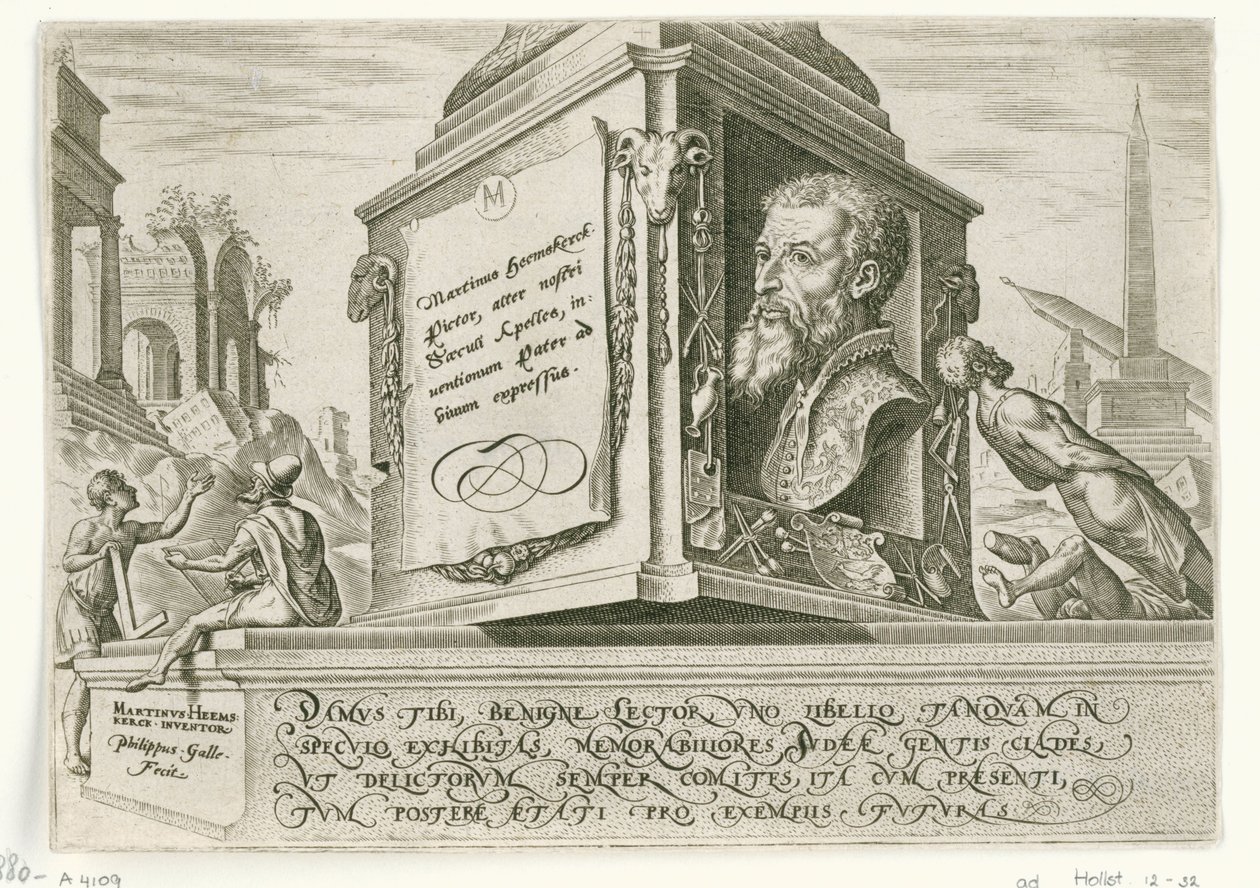 Porträtt av Maarten van Heemskerck på sockeln av en kolumn The Days of Doom of the Jewish People (serietitel) av Philips Galle