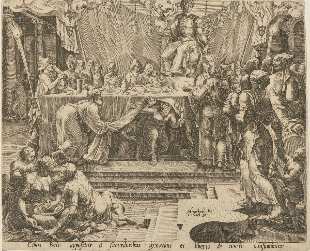 Bels präster äter och dricker i templet [blad 4] och Daniel matar draken [blad 7], blad 4 och 7 i serien ”Berättelsen om Daniel, Bel och draken” av Philips Galle