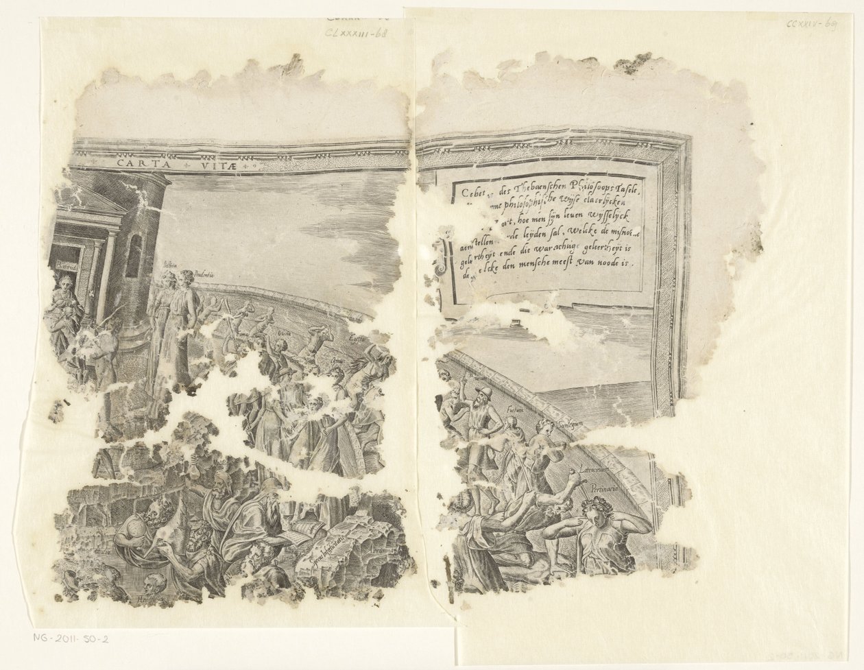 Övre högra hörnet av ett tryck av scenen av Cebes Tabula Cebetis Carta Vitae (titel på objekt) av Philips Galle