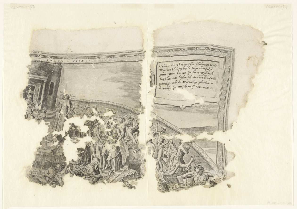 Övre högra hörnet av ett tryck av scenen av Cebes Tabula Cebetis Carta Vitae (titel på objekt) av Philips Galle