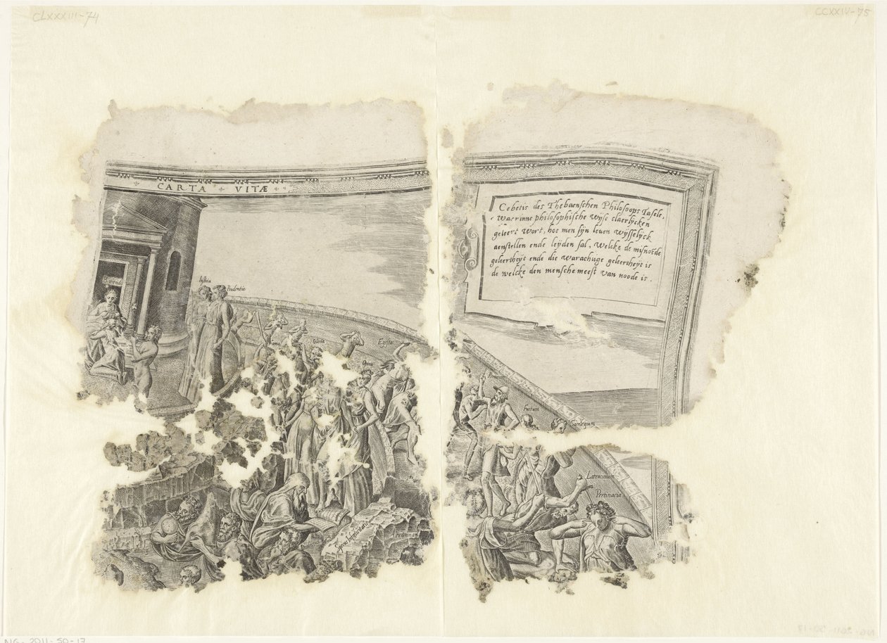 Övre högra hörnet av ett tryck av scenen av Cebes Tabula Cebetis Carta Vitae (titel på objekt) av Philips Galle