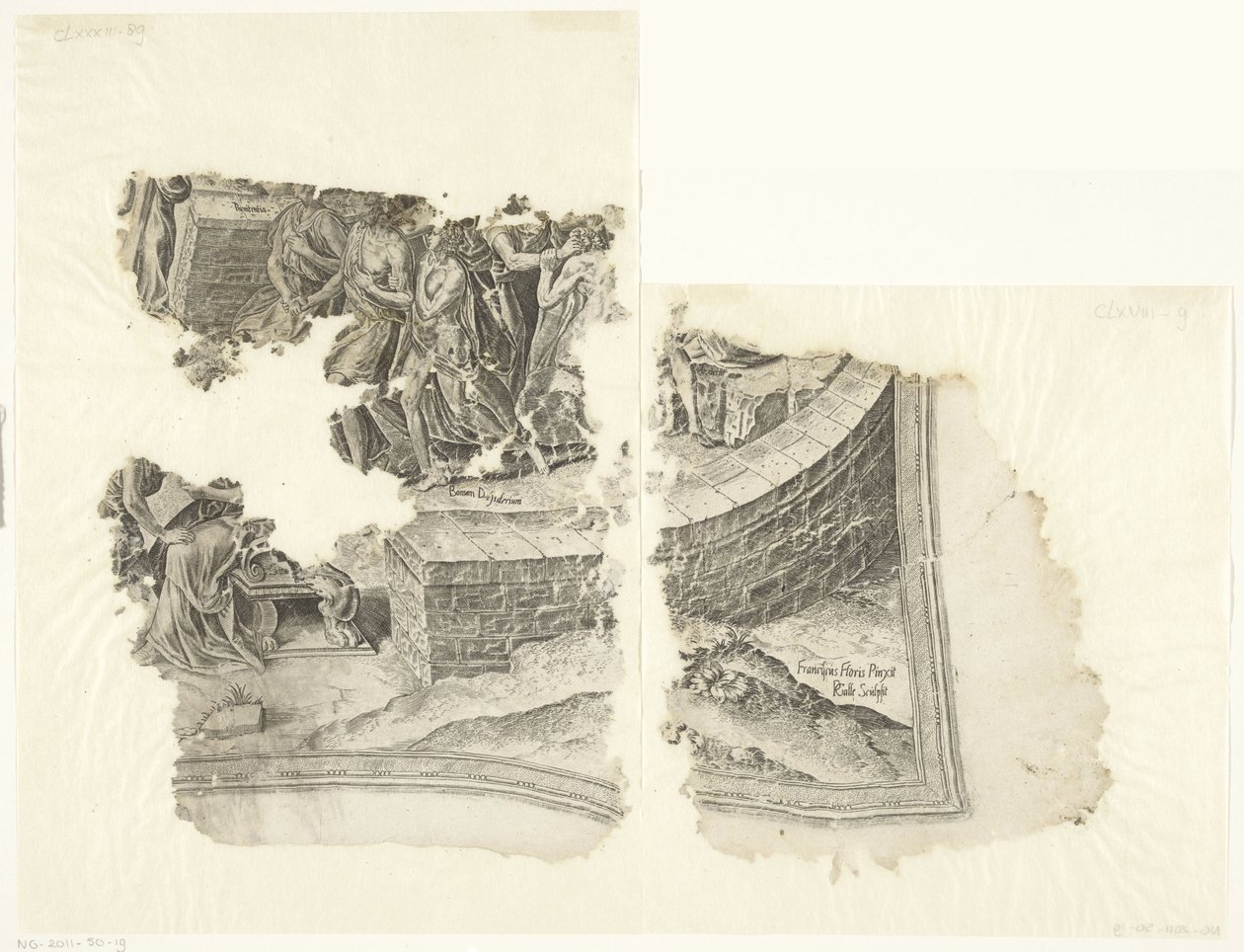 Nedre högra hörnet av ett tryck av Cebes-scenen Tabula Cebetis Carta Vitae (originaltitel) av Philips Galle