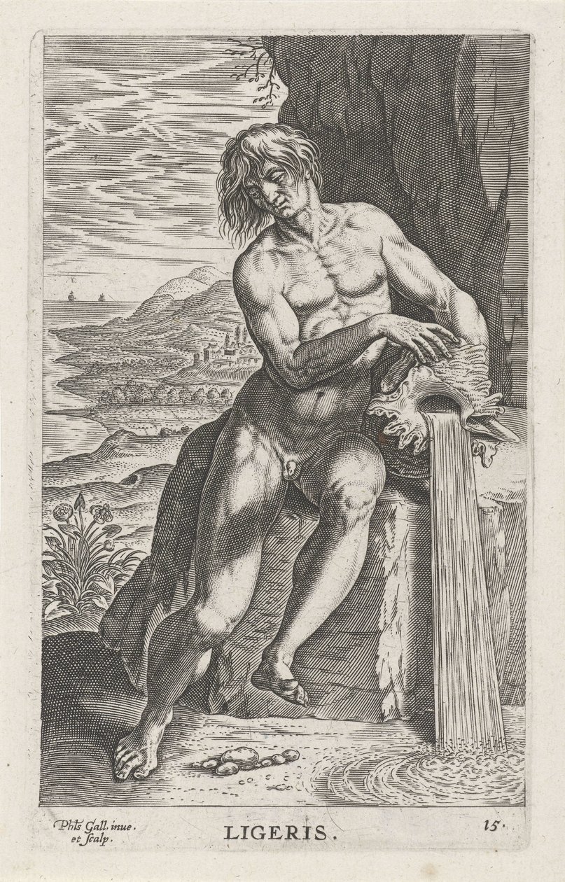 Riviergod Ligeris Ligeris (titel på objekt) Rivier- en zeegoden (serietitel) Eleganta porträtt av de marina halvgudarna och Amnicus-sälarna (serietitel) av Philips Galle