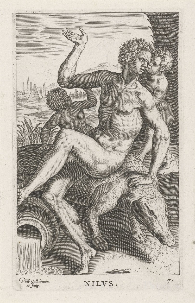 Riviergod Nilen Nilvs (titel på objekt) Rivier- en zeegoden (serietitel) Eleganta porträtt av de marina halvgudarna och Amnicus-sälarna (serietitel) av Philips Galle
