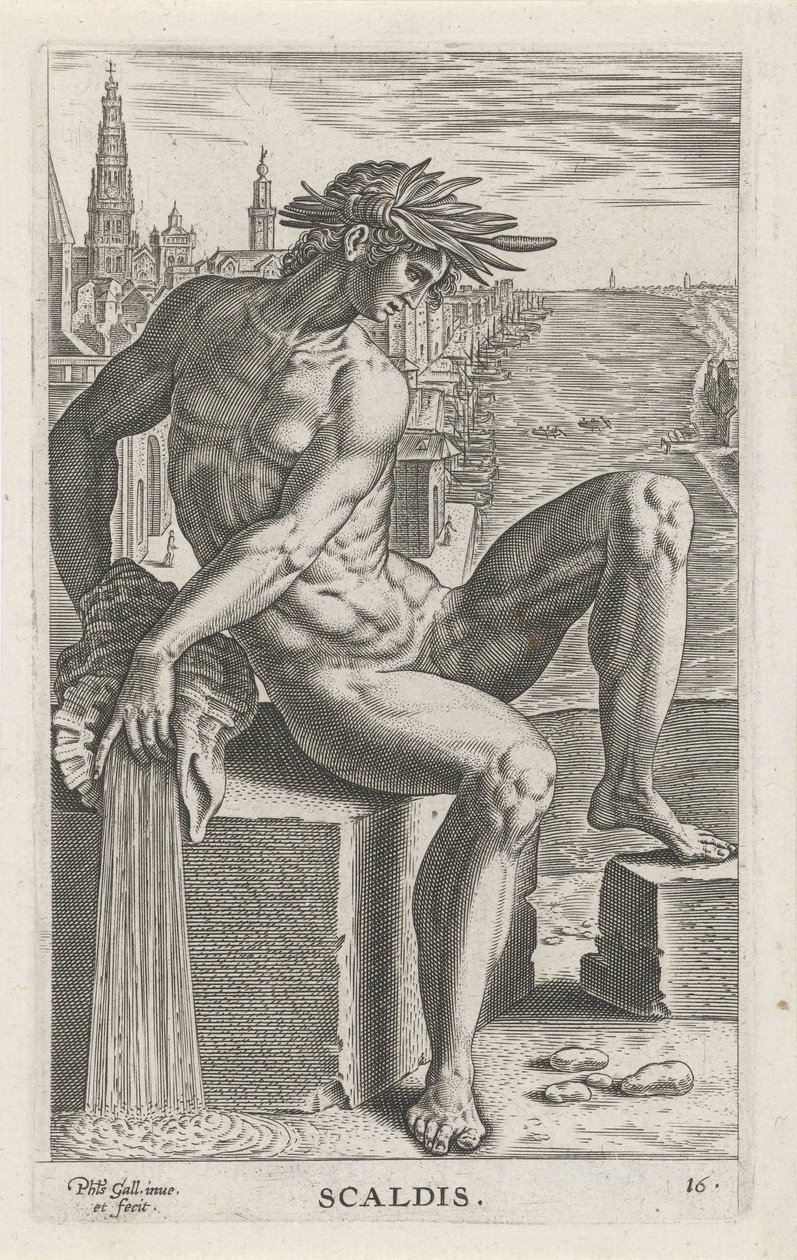 Riviergod Scaldis Scaldis (titel på objekt) Rivier- en zeegoden (serietitel) Eleganta porträtt av de marina halvgudarna och Amnicus-sälarna (serietitel) av Philips Galle