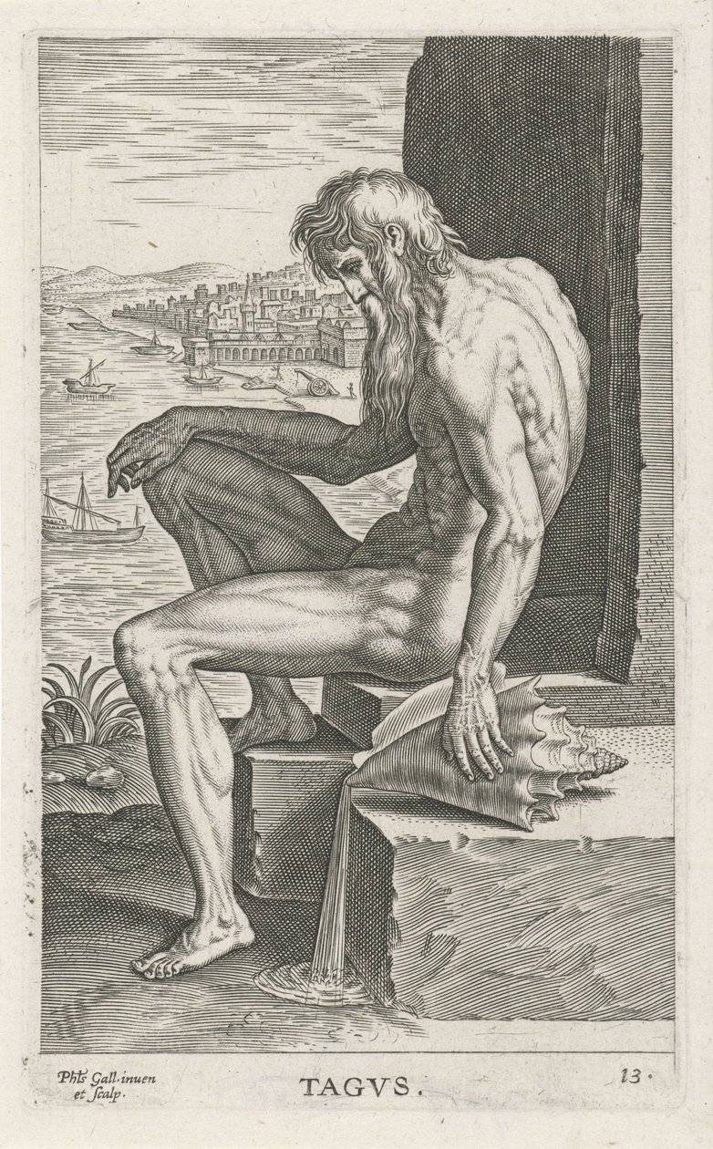 Riviergod Tejo Tagvs (titel på objekt) Rivier- en zeegoden (serietitel) Eleganta porträtt av de marina halvgudarna och sjölejonen (serietitel) av Philips Galle