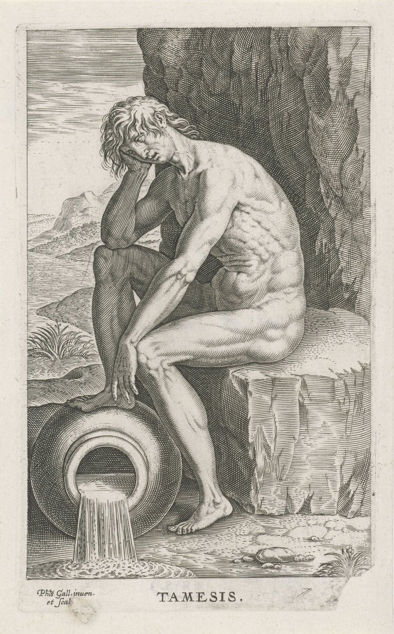 Riviergod Thames Thames (titel på objekt) Rivier- en zeegoden (serietitel) Eleganta porträtt av de marina halvgudarna och Amnicus-sälarna (serietitel) av Philips Galle