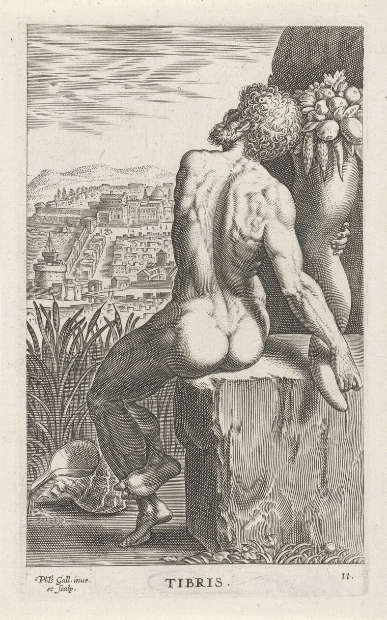 Riviergod Tibern Stammar (titel på objekt) Rivier- en zeegoden (serietitel) Eleganta porträtt av de marina halvgudarna och Amnicus-sälarna (serietitel) av Philips Galle