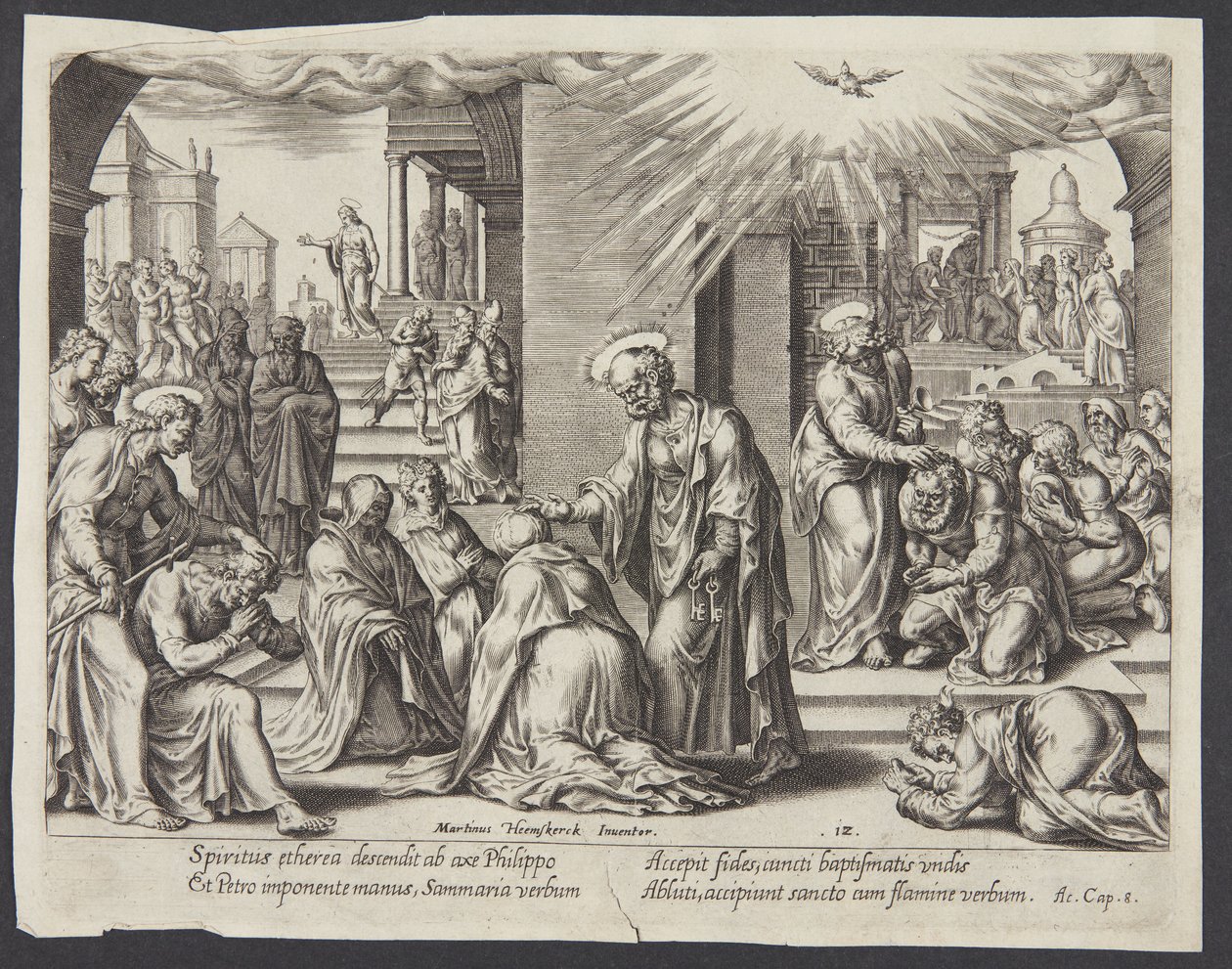 Sankt Petrus, Sankt Johannes och Sankt Filip lägger händerna på de döpta i Samaria av Philips Galle
