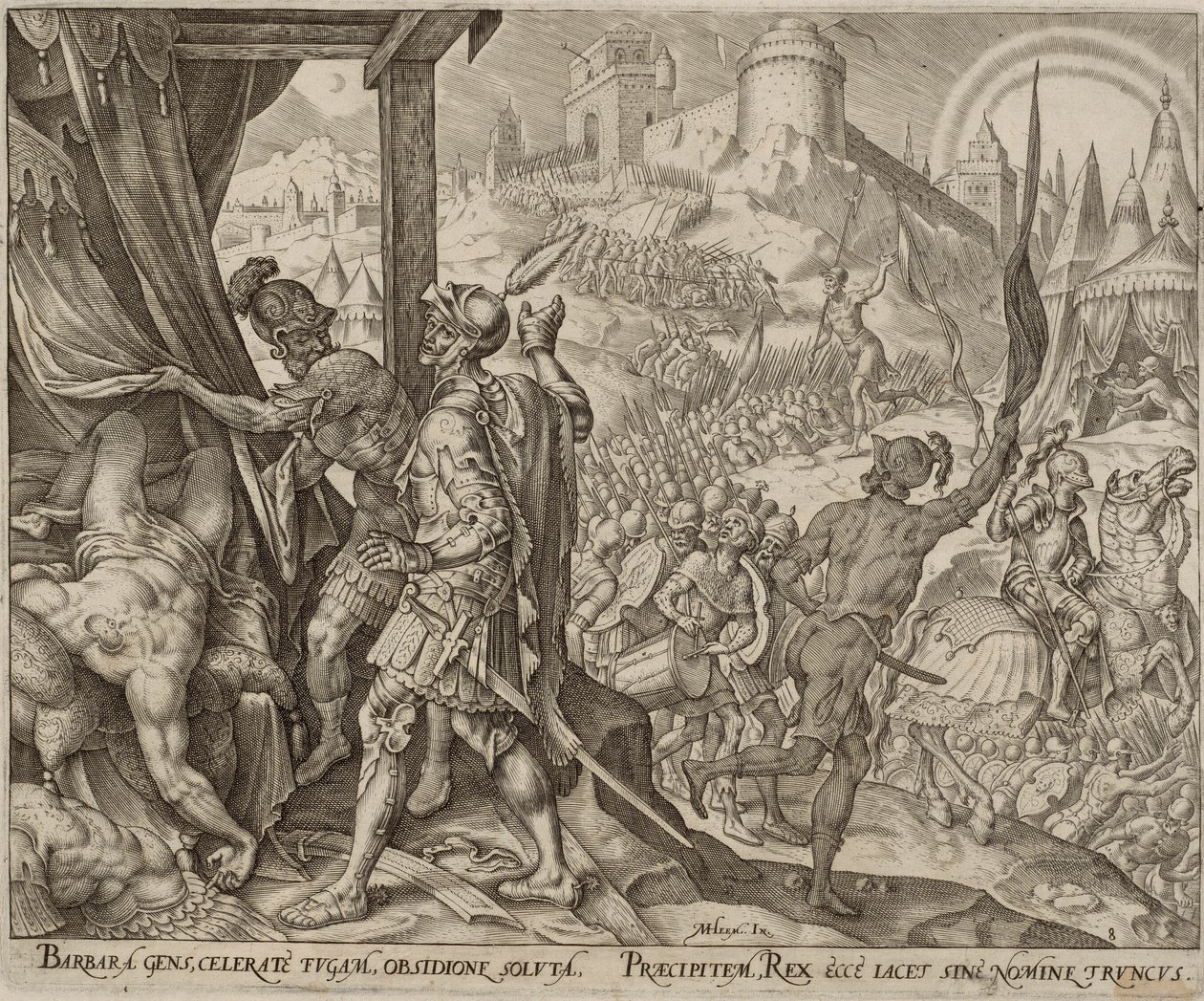 Upptäckten av Holofernes lik, plansch åtta ur The Story of Judith and Holofernes av Philips Galle