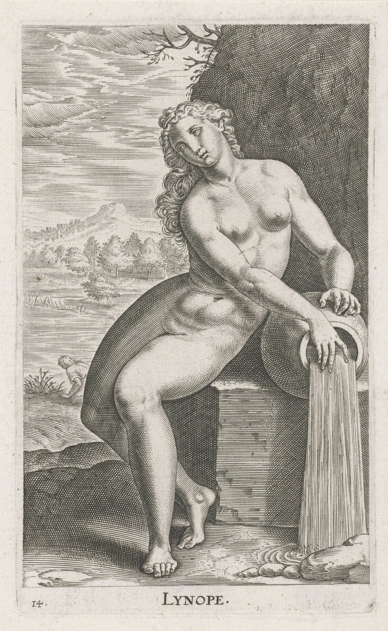 Vattennymf Linope Lynope (titel på objekt) Stroom en waternimfen (serietitel) Oceanitidnymfer, epihidrid potamidus naiad (serietitel) av Philips Galle