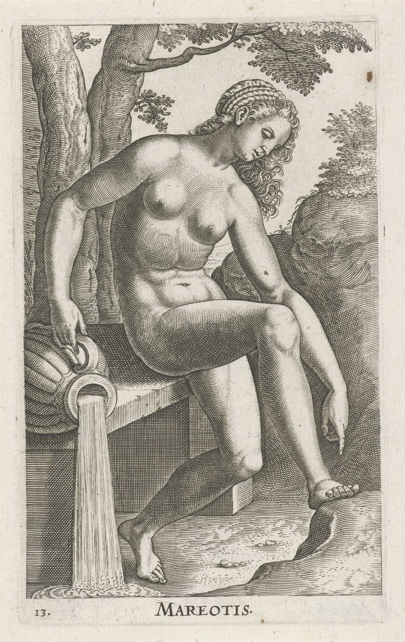Havets vattennymf Mareotis (titel på objekt) Stroom- en waternimfen (serietitel) Oceanitidnymfer, epihidrid potamidus naiads (serietitel) av Philips Galle