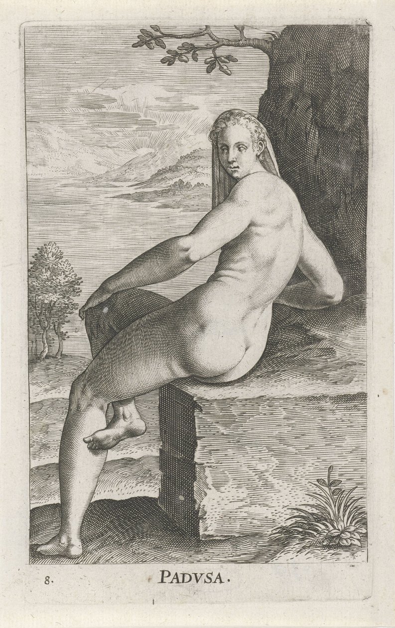 Vattennymfen Padusa Padvsa (titel på objekt) Stroom en waternimfen (serietitel) Oceanitidnymfer, epihidrid potamidus naiads (serietitel) av Philips Galle