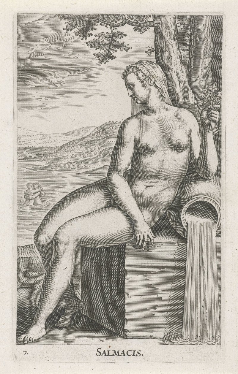 Vattennymf Salmacis Salmacis (titel på objekt) Stroom en waternimfen (serietitel) Oceanitidnymfer, epihidrid potamidus naiad (serietitel) av Philips Galle