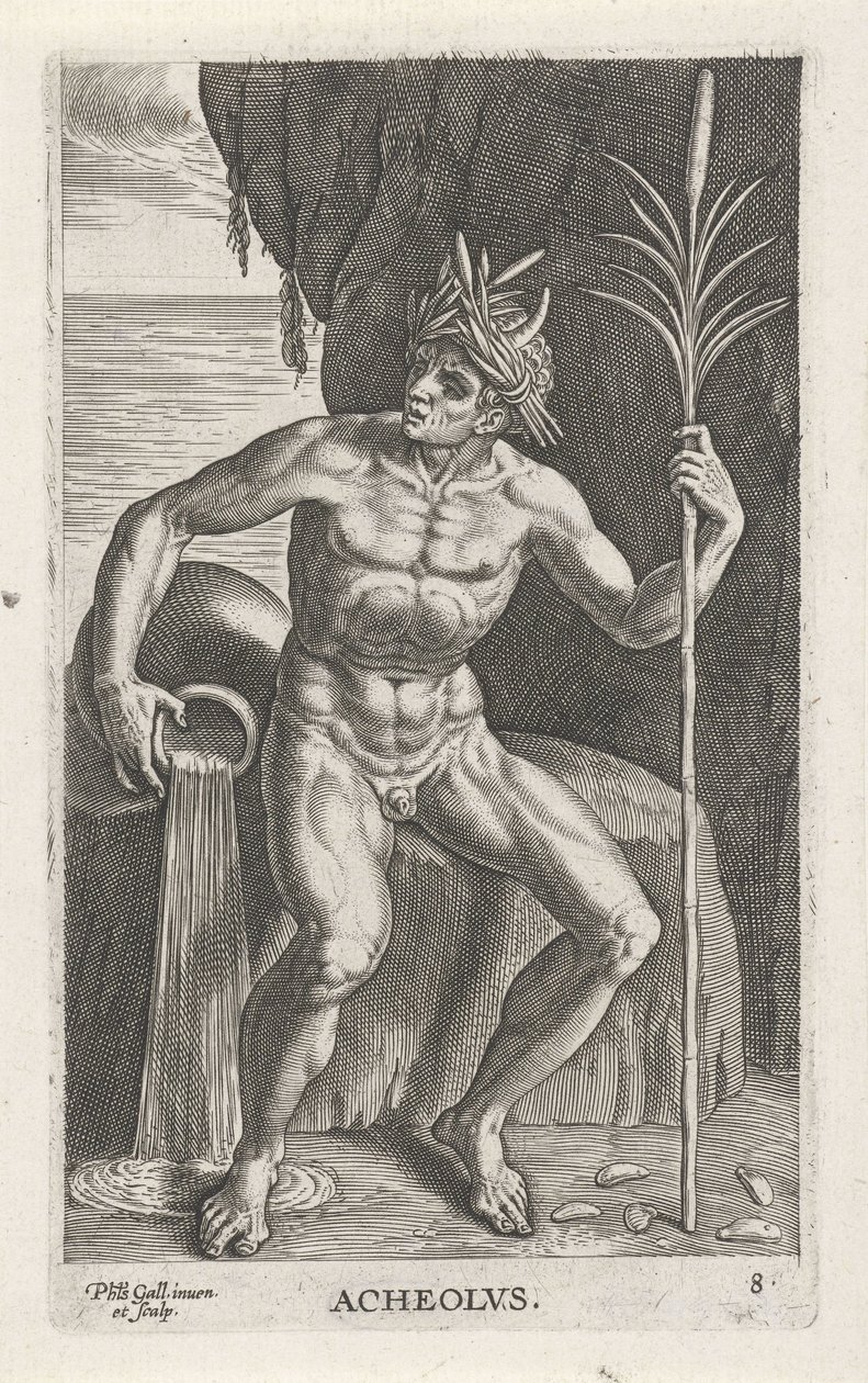 Zeegod Achelous Acheolvs (titel på objekt) Rivier- en zeegoden (serietitel) Eleganta porträtt av de marina halvgudarna och sjölejonen (serietitel) av Philips Galle