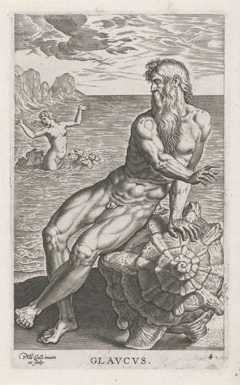 Zeegod Glaucus Glavcvs (titel på objekt) Rivier- en zeegoden (serietitel) Eleganta porträtt av de marina halvgudarna och sjölejonen (serietitel) av Philips Galle