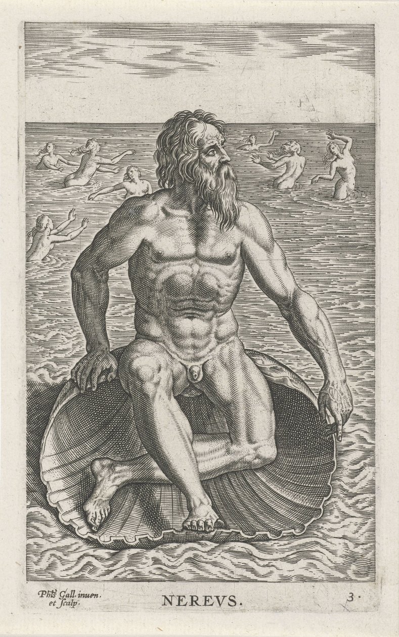 Zeegod Nereus Never (titel på objekt) Rivier- en zeegoden (serietitel) Eleganta porträtt av de marina halvgudarna och Amnicus-sälarna (serietitel) av Philips Galle