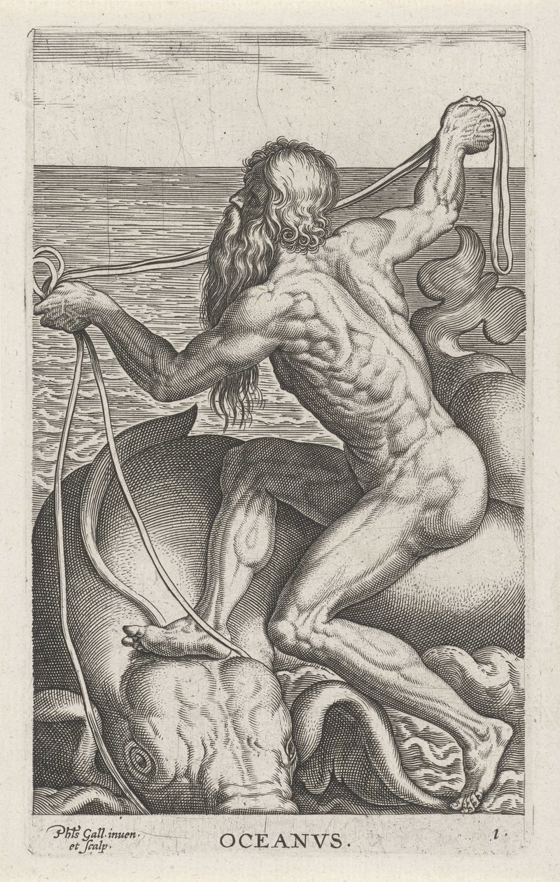 Zeegod Oceanus Oceanvs (titel på objekt) Rivier- en zeegoden (serietitel) Eleganta porträtt av de marina halvgudarna och sjölejonen (serietitel) av Philips Galle