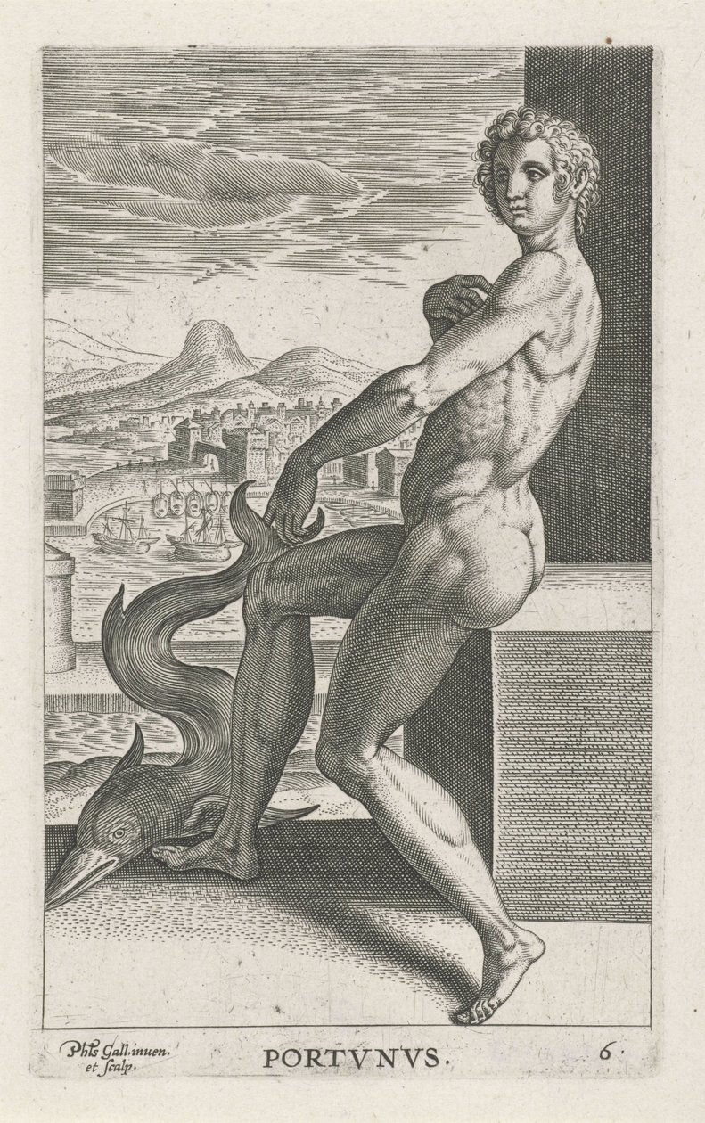 Zeegod Portunus Portvnvs (titel på objekt) Rivier- en zeegoden (serietitel) Eleganta porträtt av de marina halvgudarna och Amnicus-sälarna (serietitel) av Philips Galle