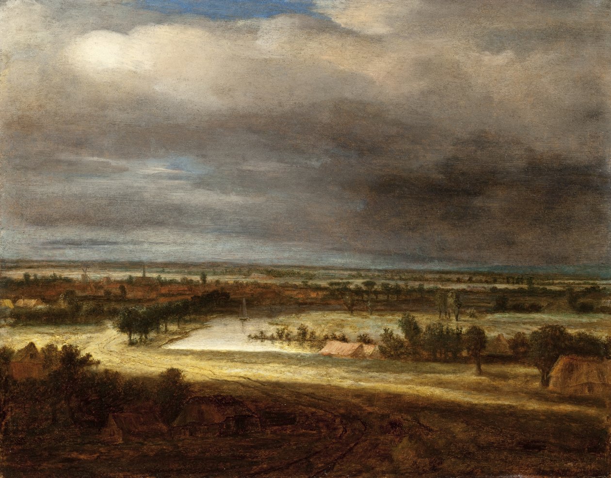 Panoramiskt landskap med en by av Philips Koninck