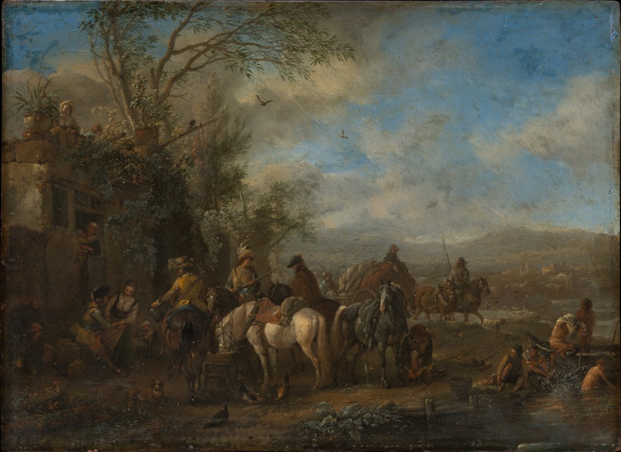 Beväpnade ryttare framför ett värdshus av Philips Wouwerman