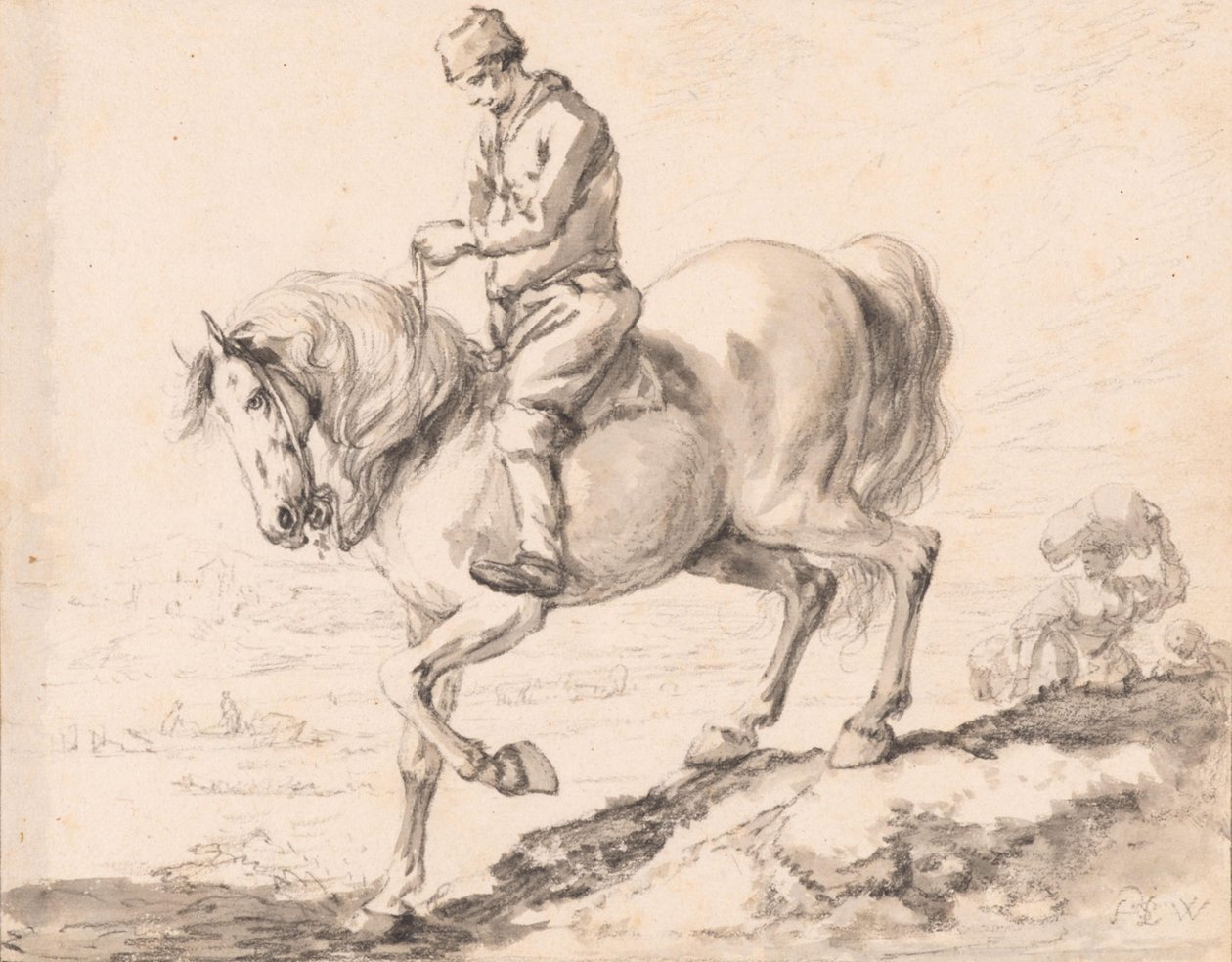 En ryttare korsar en bäck med sin häst av Philips Wouwerman
